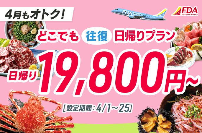 『どこでも往復日帰りプラン19,800円～』2025年4月1～25日出発