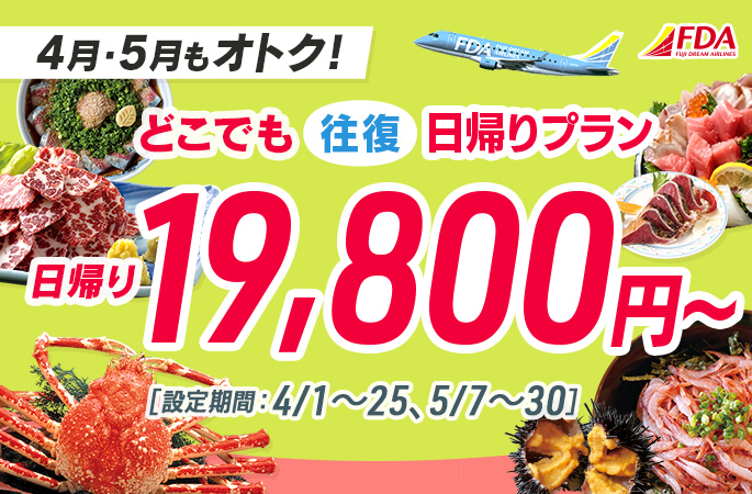 『どこでも往復日帰りプラン19,800円～』2025年4月1～25日／5月7～30日出発