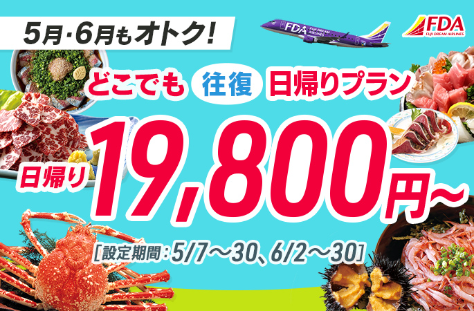 『どこでも往復日帰りプラン19,800円～』2025年4月1～25日／5月7～30日出発