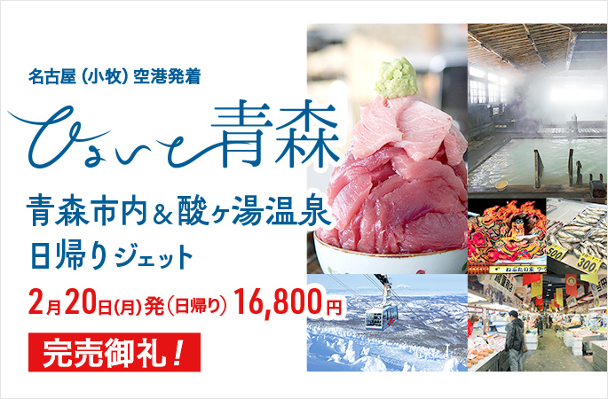 名古屋（小牧）空港発着 2月20日発『ひょいと青森　青森市内＆酸ヶ湯温泉日帰りジェット』16,800円